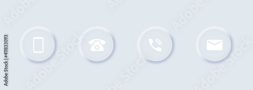 Smartphone, telephone and message icon set. Neumorphism style. Vector EPS 10. Isolated on white background