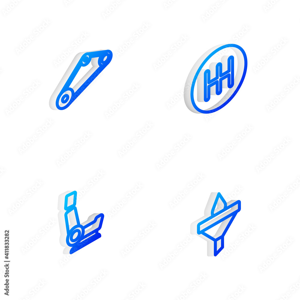 Set Isometric line Gear shifter, Timing belt kit, Car seat and Funnel and oil drop icon. Vector. Set Isometric line Gear shifter, Timing belt kit, Car seat and Funnel and oil drop icon. Vector.