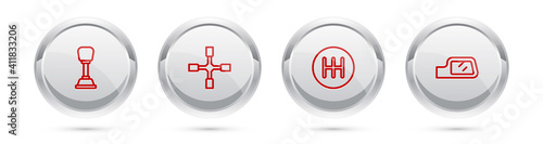 Set line Gear shifter, Wheel wrench, and Car mirror. Silver circle button. Vector.