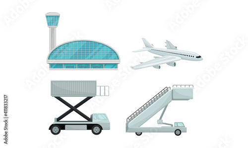 Airport Terminal with Ladder and Plane Vector Set