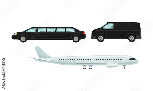 Van and Limousine as Transfer to Airport Terminal Vector Set