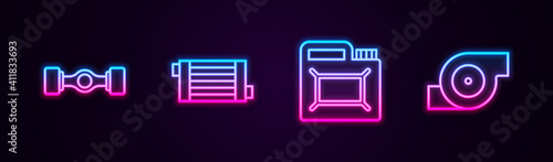 Set line Chassis car, Car radiator cooling system, Canister for motor oil and Automotive turbocharger. Glowing neon icon. Vector.