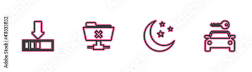 Set line Loading, Moon and stars, FTP cancel operation and Car rental icon. Vector.
