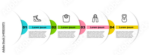 Set line Sport boxing shoes, Bathroom scales, expander and Kettlebell. Business infographic template. Vector.