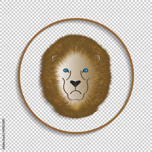 Round icon with shadow. Cartoon sad lion face, blue eyes and fluffy mane. EPS10