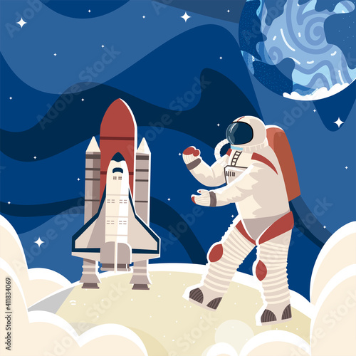 space astronaut in surface moon spaceship and planet