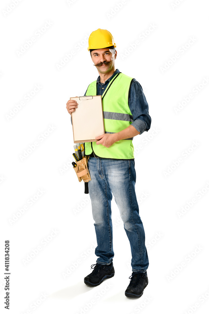 Construction worker with moustache holding clipboard isolated on white background Construction worker with moustache holding clipboard isolated on white background