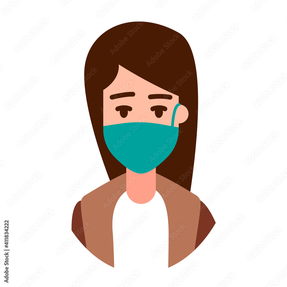 People face with mask icon isolated on white. Notice Safety sign. Woman wearing medical mask. Rules for visiting shops, public places, coronavirus, how to protect yourself, office worker wears a mask