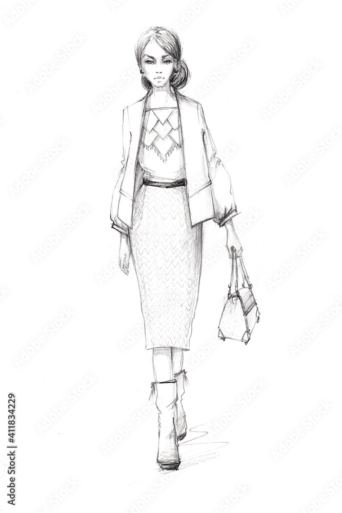 fashion sketch of a young beautiful girl graceful image with a skirt blouse and jacket fashion sketch of a young beautiful girl graceful image with a skirt blouse and jacket