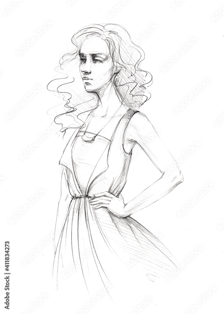 fashion sketch of a young beautiful girl with graceful dress pencil drawing fashion sketch of a young beautiful girl with graceful dress pencil drawing