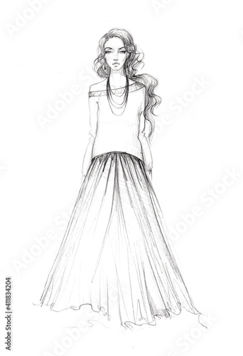 fashion sketch of a young beautiful girl cute image with a skirt and sweate