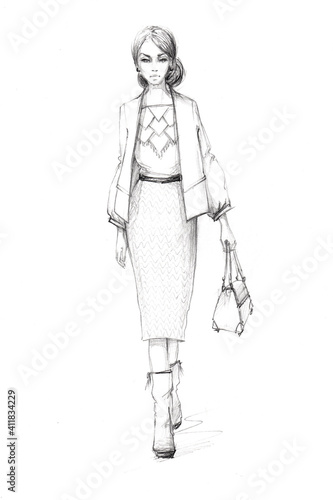 fashion sketch of a young beautiful girl graceful image with a skirt blouse and jacket