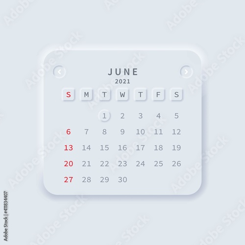 2021 calendar June month. Neumorphism style. Vector EPS 10. Isolated on white background