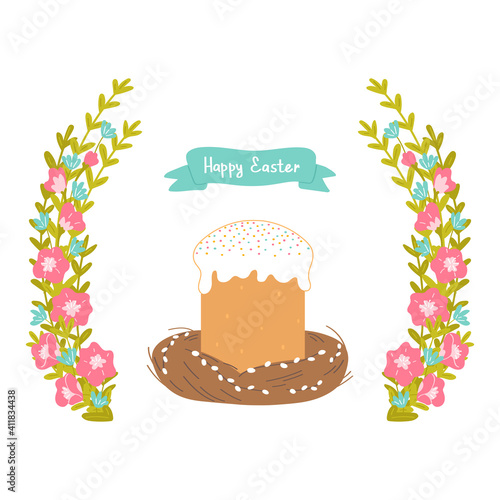 Easter cake, flower frame and willow wreath isolated on white background. Vector Illustration flat style design.