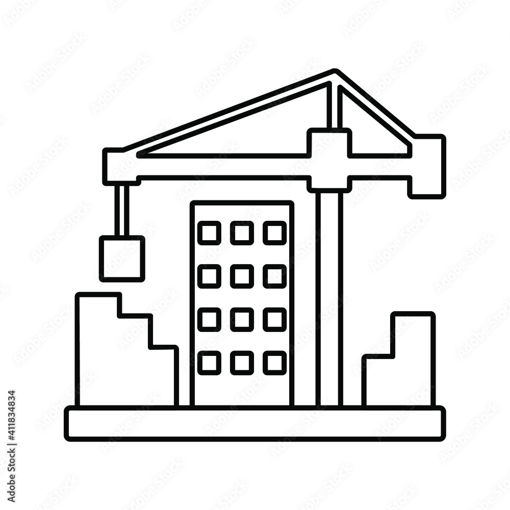 Crane with building icon in trendy flat style isolated on white background. Symbol for your web site design color editable Crane with building icon in trendy flat style isolated on white background. Symbol for your web site design color editable