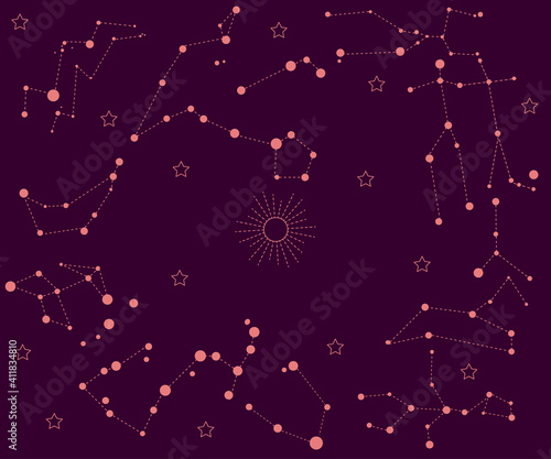 Set in order of Zodiac constellations around sun in starry sky. Dark purple star map. Vector illustration for esoteric and magical research, connection of space with  planet Earth.