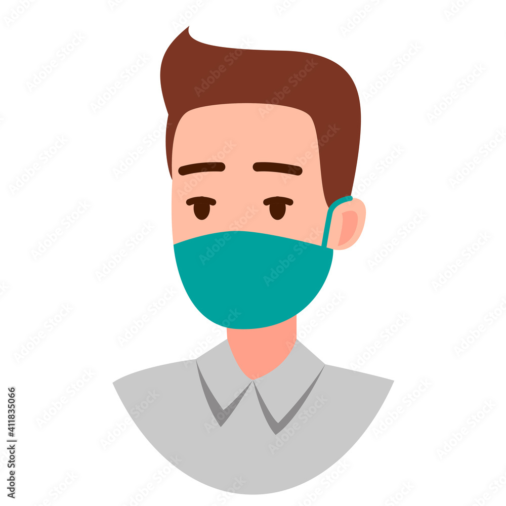 People face with mask icon isolated on white. Notice Safety sign. Guy wearing protective mask. Rules for visiting shops, public places, coronavirus, how to protect yourself, office worker wears a mask