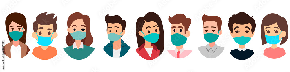 Group of people wearing mask. People face with mask icon isolated vector on white background. Notice Safety sign. Rules for visiting shops and public places, coronavirus, Office workers wearing mask Group of people wearing mask. People face with mask icon isolated vector on white background. Notice Safety sign. Rules for visiting shops and public places, coronavirus, Office workers wearing mask