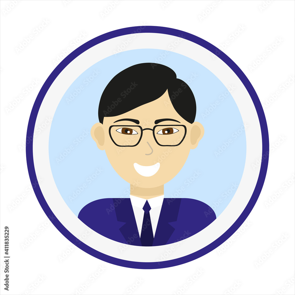 Male face. Man avatar. Handsome Asian man portrait on blue background. Smiling guy face with glasses. Isolated flat vector illustration.