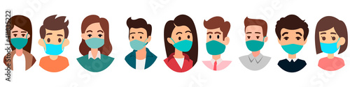 Group of people wearing mask. People face with mask icon isolated vector on white background. Notice Safety sign. Rules for visiting shops and public places, coronavirus, Office workers wearing mask