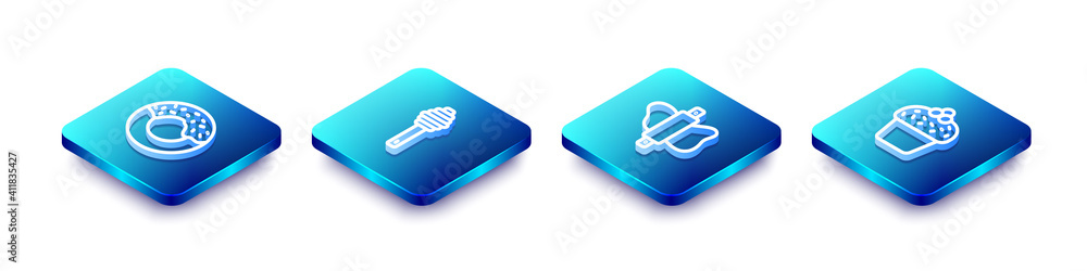 Set Isometric line Donut, Honey dipper stick, Rolling pin dough and Cake icon. Vector. Set Isometric line Donut, Honey dipper stick, Rolling pin dough and Cake icon. Vector.