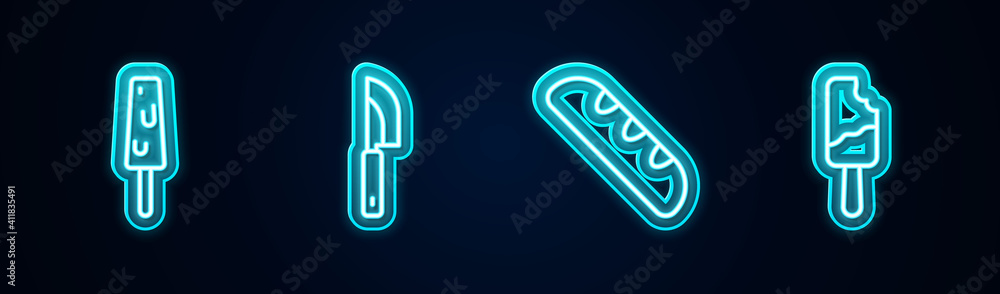 Set line Ice cream, Knife, French baguette bread and . Glowing neon icon. Vector. Set line Ice cream, Knife, French baguette bread and . Glowing neon icon. Vector.