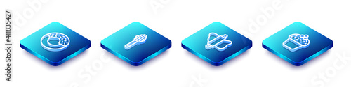 Set Isometric line Donut, Honey dipper stick, Rolling pin dough and Cake icon. Vector.