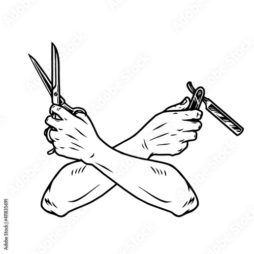 Crossed barber hands with scissors and razor