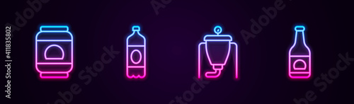 Set line Beer can, Plastic beer bottle, brewing process and . Glowing neon icon. Vector.