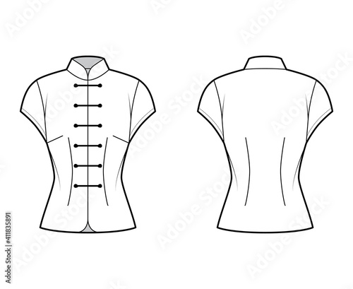 Mandarin blouse technical fashion illustration with cap sleeves, stand neck, fitted body, Frog closure. Flat Chinese oriental apparel top template front, back white color. Women, men unisex CAD mockup