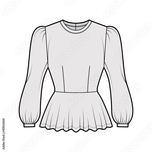 Peplum blouse technical fashion illustration with bouffant long sleeves, scoop neck, fitted body. Flat shirt apparel top template front, grey color. Women, men unisex CAD mockup
