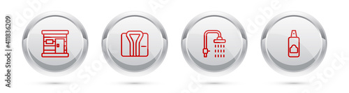 Set line Sauna wooden bathhouse, Bathrobe, Shower and Spray can for hairspray. Silver circle button. Vector.