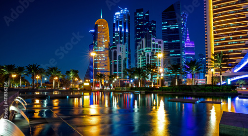 12 February 2019- Colorful Skyline of Doha Qatar City during night. photo