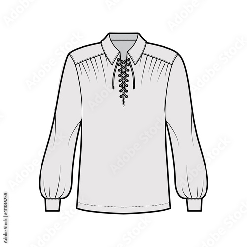 Pirate blouse technical fashion illustration with bouffant long sleeves, poet lacing collar, oversized, tunic length. Flat apparel top template front, grey color. Women, men unisex CAD mockup