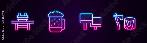 Set line Sauna bench with bucket, Wooden beer mug, wood and axe in stump. Glowing neon icon. Vector.