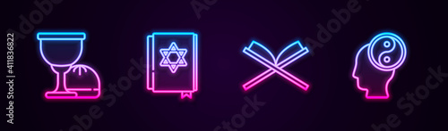 Set line Holy grail or chalice, Jewish torah book, of Koran and Yin Yang. Glowing neon icon. Vector.