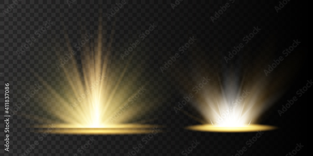 Light highlight yellow special effect with rays of light and magic sparkles. Sun Ray . Glow transparent vector light effect set, - obrazy, fototapety, plakaty 
