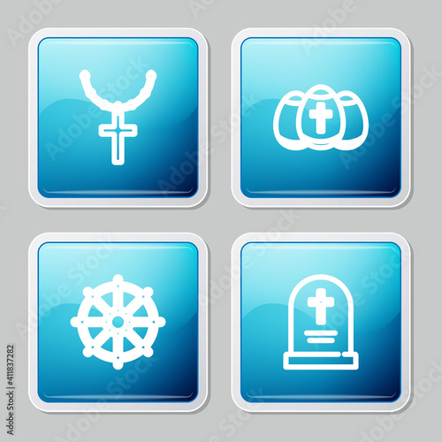 Set line Christian cross on chain, Easter egg, Dharma wheel and Tombstone with icon. Vector.