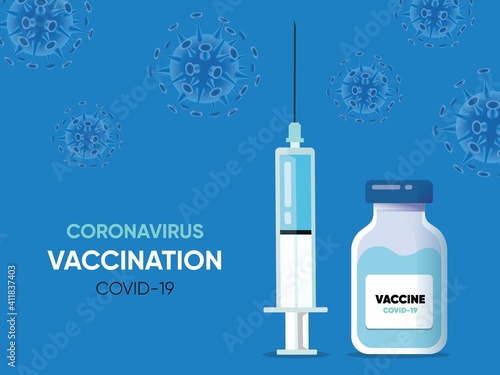 Vacctination banner. Syringe with vaccine bottle for coronavirus. Virus protection concept. Modern Vector illustration. Sars disease or Covid-19 vaccination with vaccine bottle and syringe. Pandemic