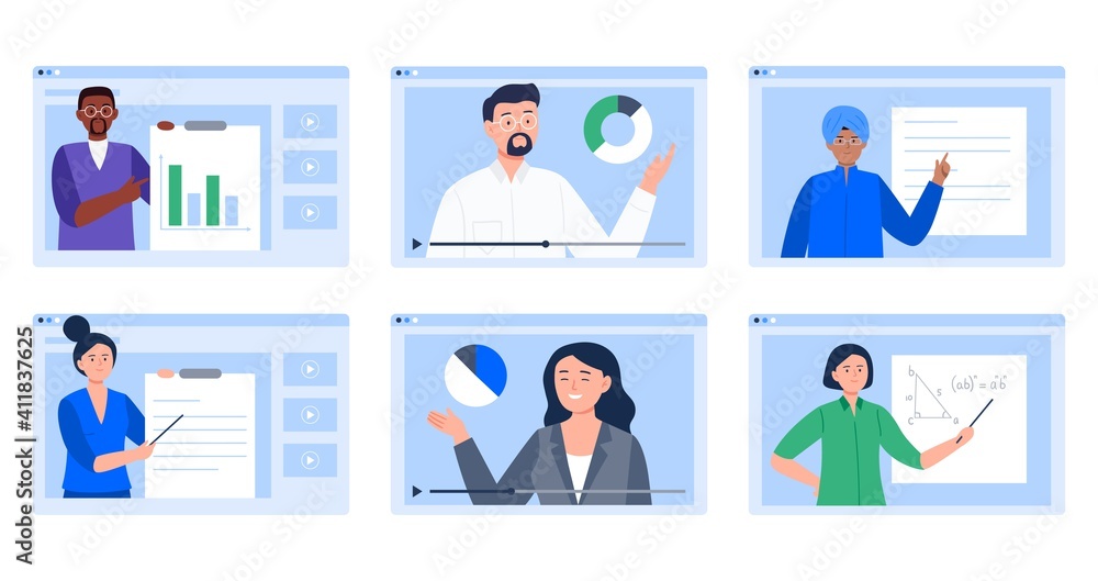 Online education. Webinar, online conferences, lectures, and training. People teaching online. Vector flat illustration. Online education. Webinar, online conferences, lectures, and training. People teaching online. Vector flat illustration.