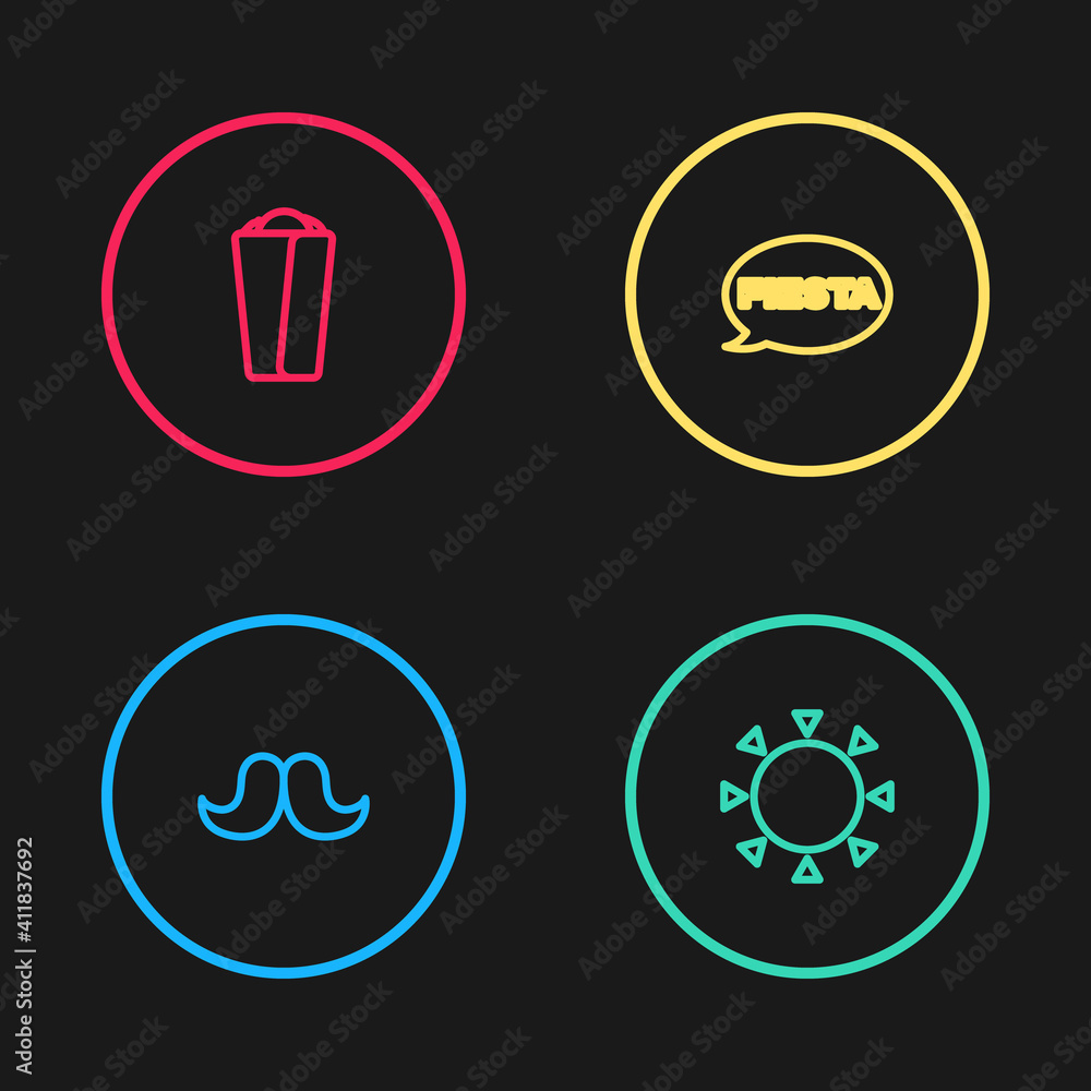 Set line Mustache, Sun, Fiesta and Burrito icon. Vector. Set line Mustache, Sun, Fiesta and Burrito icon. Vector.