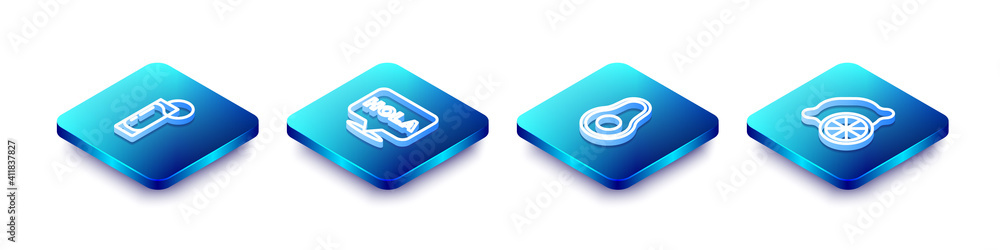 Set Isometric line Tequila glass with lemon, Hola, Avocado fruit and Lemon icon. Vector. Set Isometric line Tequila glass with lemon, Hola, Avocado fruit and Lemon icon. Vector.
