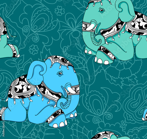 Seamless wallpaper pattern. The blue-green elephant is in blanket lies on a floral ornament. Traditional oriental style. Textile composition, hand drawn style print. Vector illustration. photo