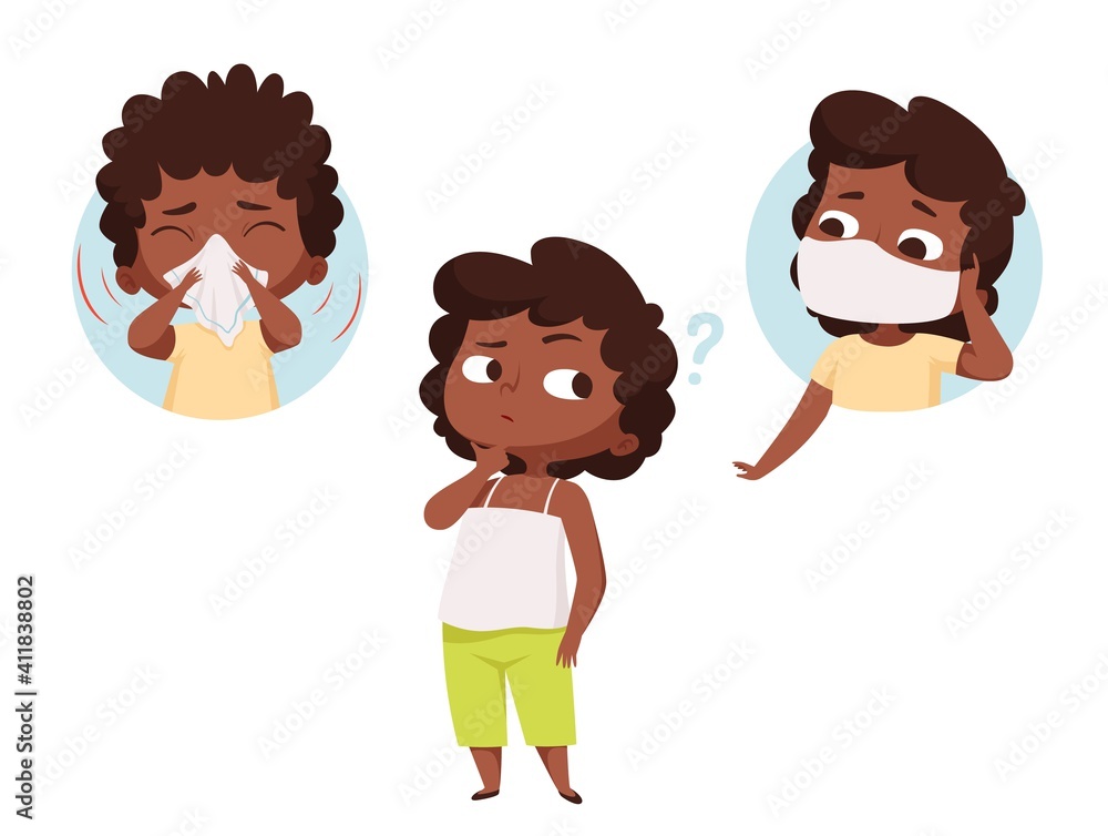 Child think about protection. Ill kid and healthy toddler in protective mask. Flu virus prevention vector baby concept. Illustration baby prevention virus, protection toddler against flu