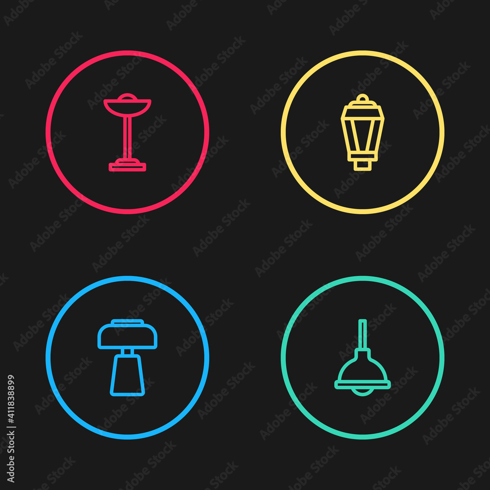 Set line Table lamp, Lamp hanging, Garden light and Floor icon. Vector. Set line Table lamp, Lamp hanging, Garden light and Floor icon. Vector.