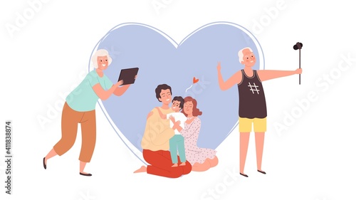 Family photo. Grandparents making image with phone and tablet, young parents and kid. Diverse generation vector concept. Grandmother and grandparent selfie photo, family together illustration