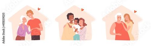 People with family in home silhouettes. Woman man with mothers, parents and child vector concept. Illustration protect family and grandmother