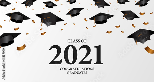 class of 2021. congratulation of graduation with 3d falling diploma cap and confetti. education academy school learning