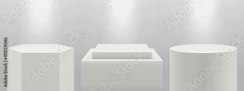 Realistic podiums. 3d pedestal in light, blank white expo stands vector set. Illustration stage podium, platform in light, pedestal blank
