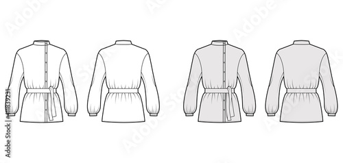 Cossack blouse technical fashion illustration with tie, bouffant long sleeves, stand collar, oversized, button up. Flat apparel top template front, back, white, grey color. Women men unisex CAD mockup